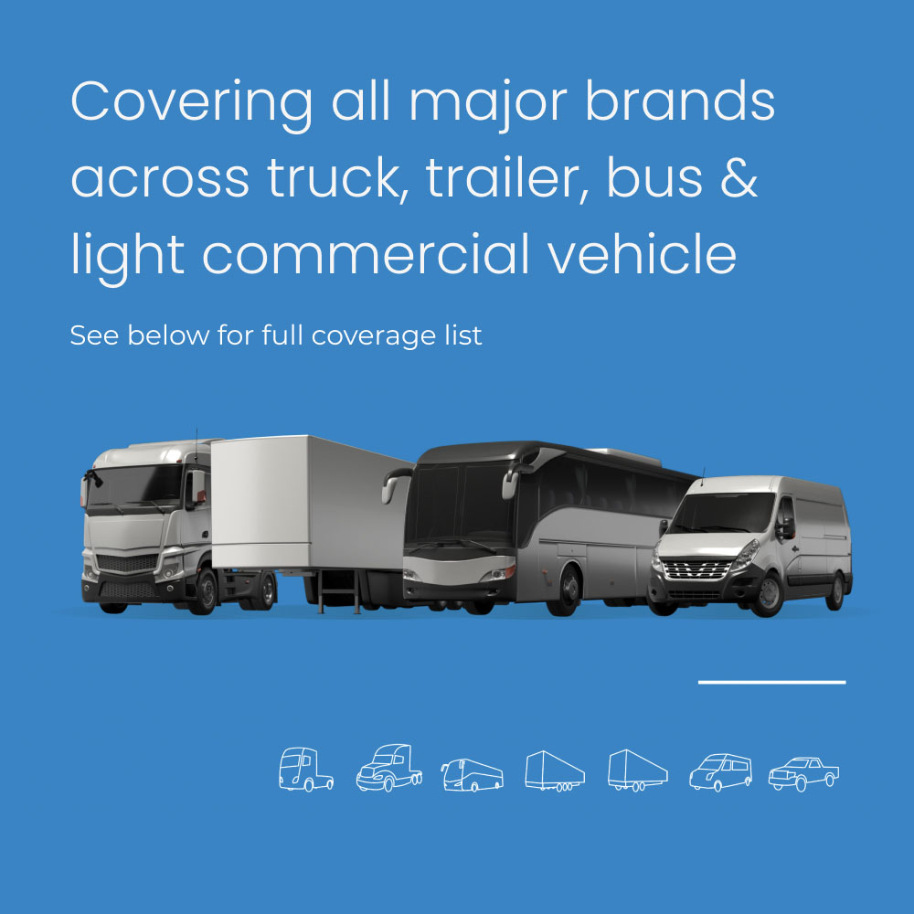 Covering all major brands across truck, trailer, bus & light commercial vehicle. See below for full coverage list of our HGV diagnostics tool.