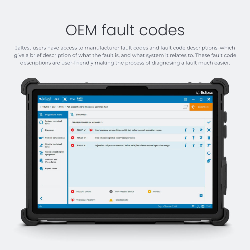 OEM fault codes Jaltest users have access to manufacturer fault codes and fault code descriptions, which give a brief description of what the fault is, and what system it relates to. These fault code descriptions are user-friendly making the process of diagnosing a fault much easier.