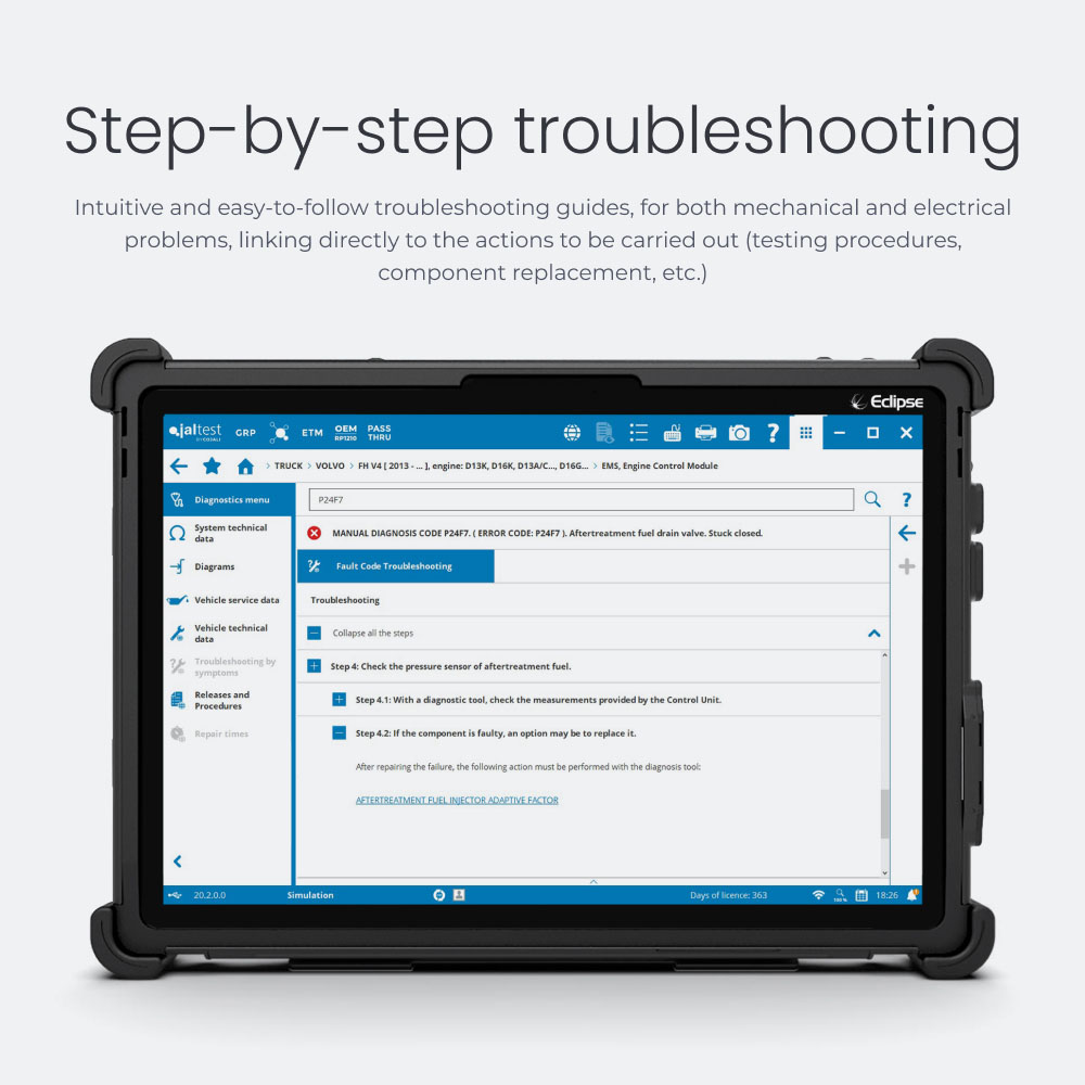 Step-by-step troubleshooting Intuitive and easy-to-follow troubleshooting guides, for both mechanical and electrical problems, linking directly to the actions to be carried out (testing procedures, component replacement, etc.)