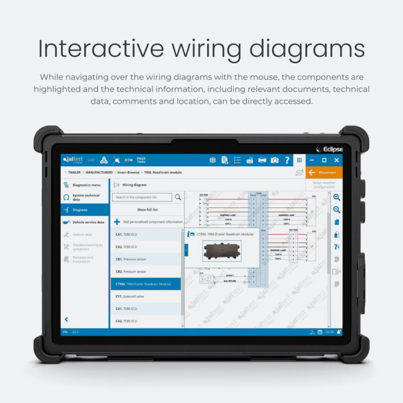 Interactive wiring diagrams While navigating over the wiring diagrams with the mouse, the components are highlighted and the technical information, including relevant documents, technical data, comments and location, can be directly accessed.