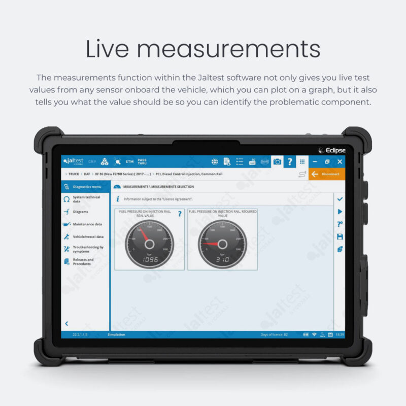 Live measurements The measurements function within the Jaltest software not only gives you live test values from any sensor onboard the vehicle, which you can plot on a graph, but it also tells you what the value should be so you can identify the problematic component.