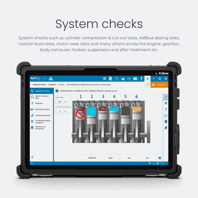 System checks System checks such as cylinder compression & cut-out tests, AdBlue dosing tests, injector buzz tests, clutch wear tests and many others across the engine, gearbox, body computer, brakes, suspension and after treatment etc.