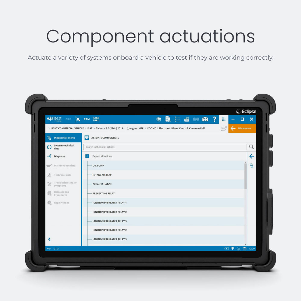 Component actuations Actuate a variety of systems onboard a vehicle to test if they are working correctly.