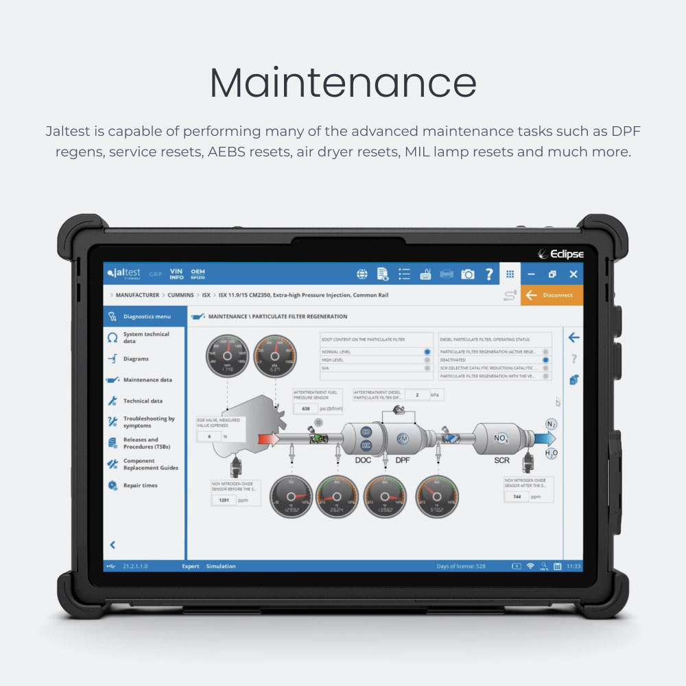 Maintenance Jaltest is capable of performing many of the advanced maintenance tasks such as DPF regens, service resets, AEBS resets, air dryer resets, MIL lamp resets and much more.