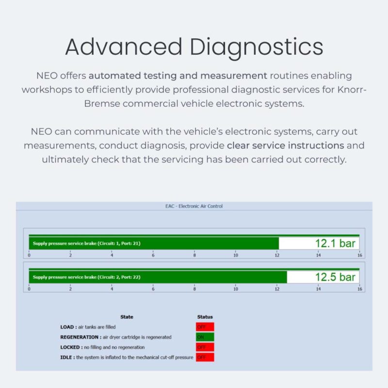 Advanced Diagnostics NEO offers automated testing and measurement routines enabling workshops to efficiently provide professional diagnostic services for Knorr-Bremse commercial vehicle electronic systems. NEO can communicate with the vehicle’s electronic systems, carry out measurements, conduct diagnosis, provide clear service instructions and ultimately check that the servicing has been carried out correctly.