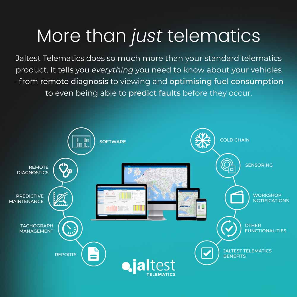 More than just telematics Jaltest Telematics does so much more than your standard telematics product. It tells you everything you need to know about your vehicles - from remote diagnosis to viewing and optimising fuel consumption to even being able to predict faults before they occur.