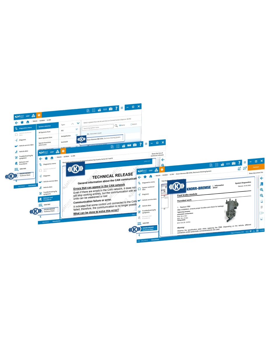 Screenshots of Knorr-Bremse Diagnostics software Add-On for Jaltest