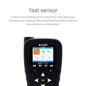 Test sensor. It allows the reading of IDs and sensor data (pressure, temperature, battery), after selecting the vehicle and the axle and tyre configuration.