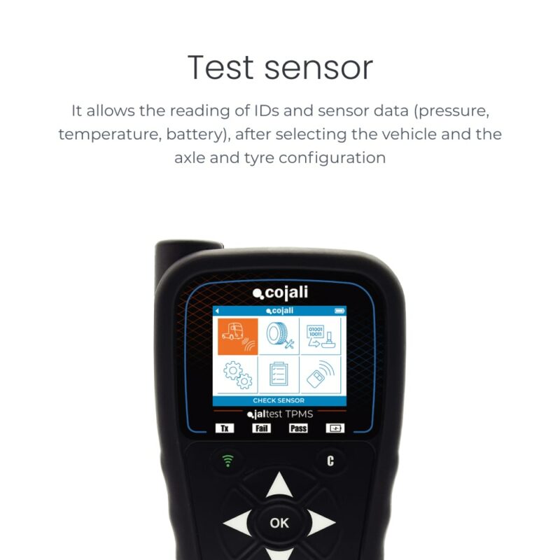 Test sensor. It allows the reading of IDs and sensor data (pressure, temperature, battery), after selecting the vehicle and the axle and tyre configuration.