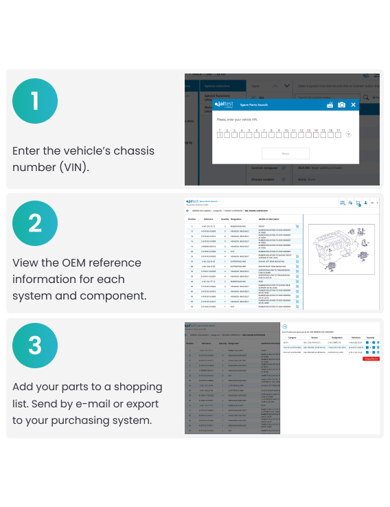 1. Enter the vehicle's chassis number (VIN). 2. View the OEM reference information for each system and component. 3. Add your parts to a shopping list. Send by e-mail or export to your purchasing system.