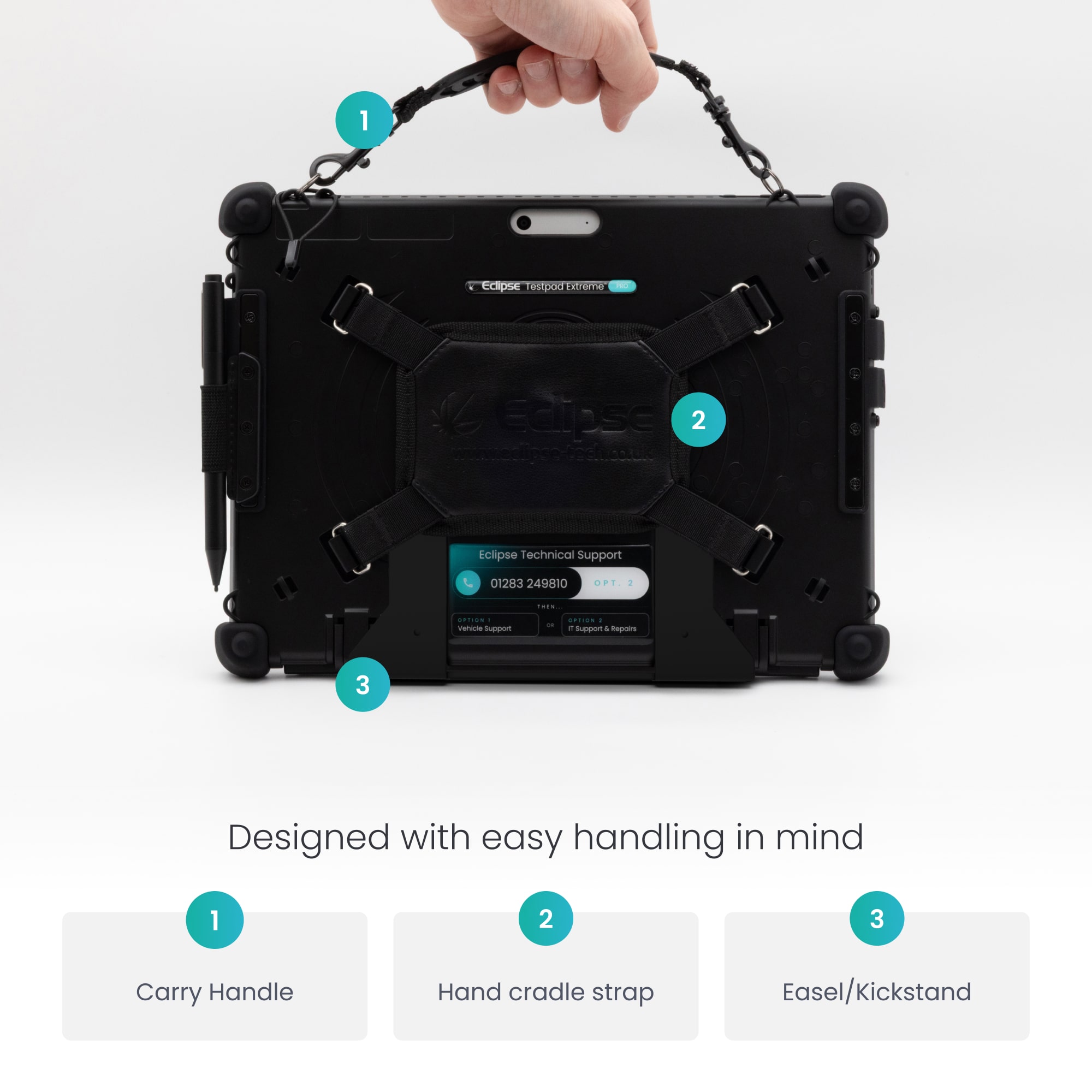 Designed with easy handling in mind Carry Handle Hand cradle strap Easel/Kickstand