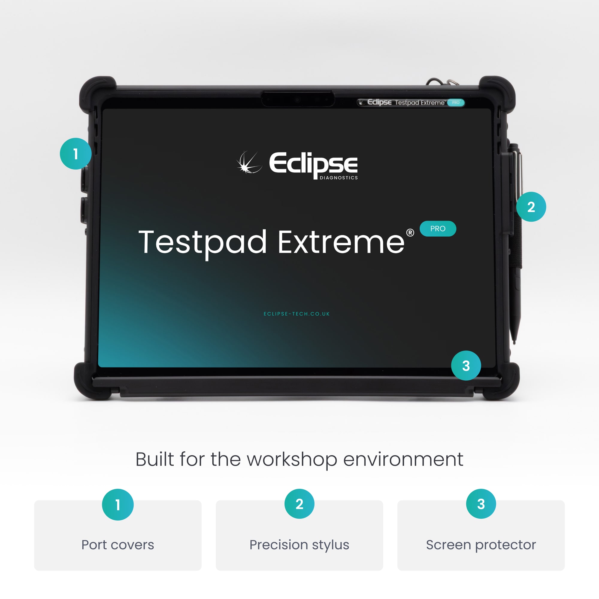 Built for the workshop environment Port covers Precision stylus Screen protector